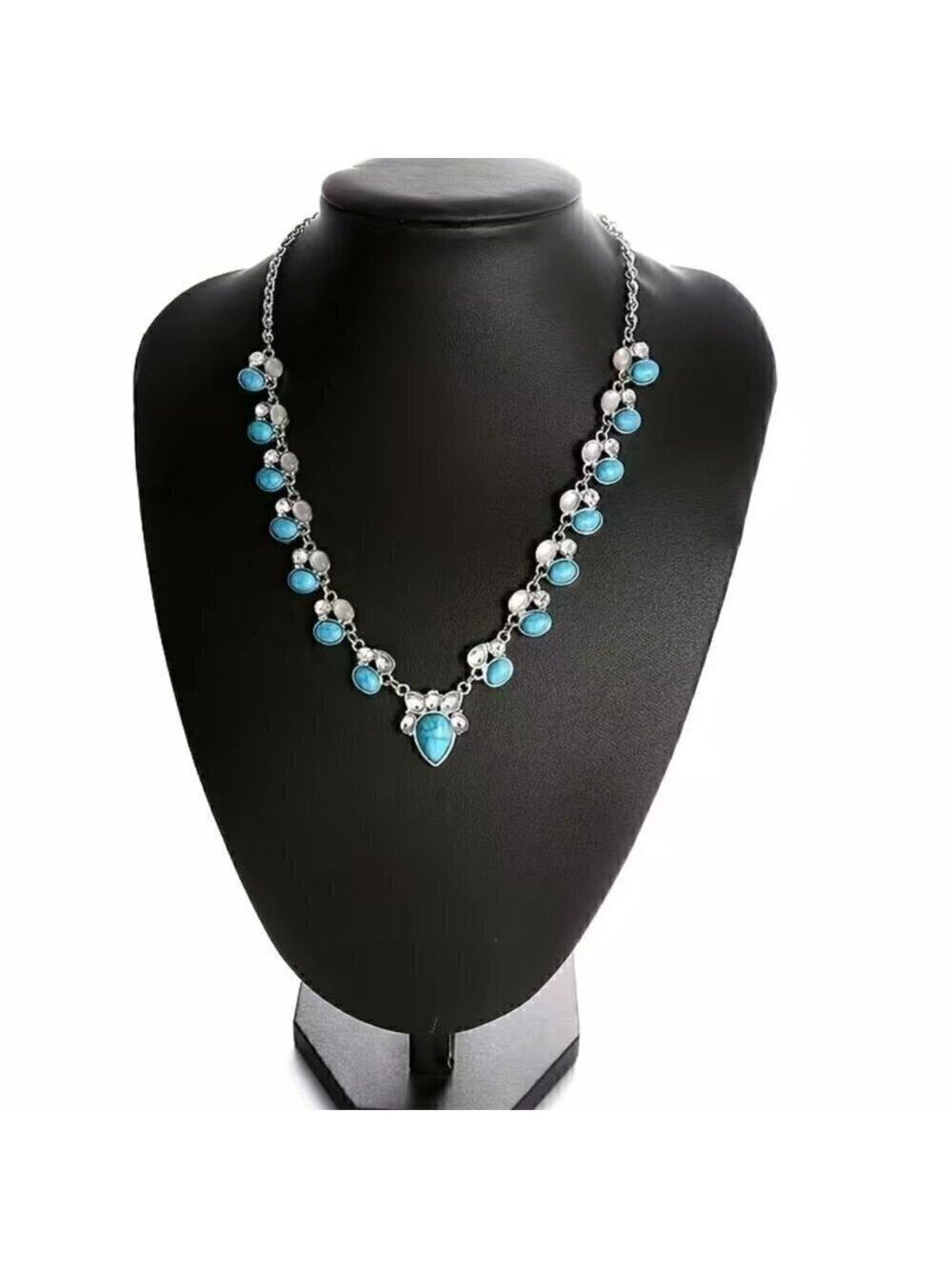 Faux Turquoise and Silver Tone Choker Necklace (#1120) - Picture 4 of 5